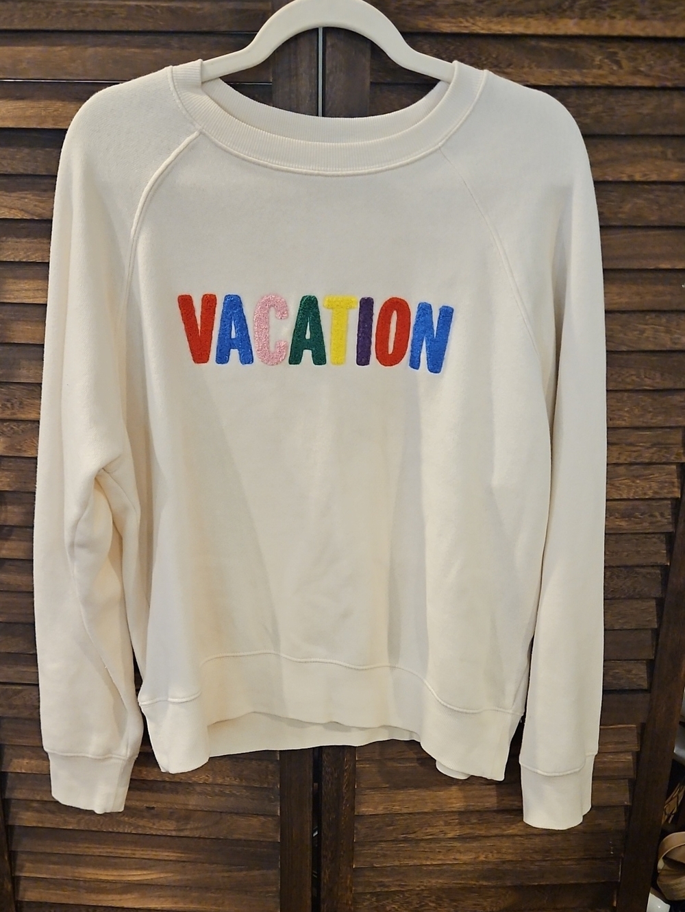 Z Supply Cream Crewneck Sweatshirt L Multicolor 'VACATION' Chenille Letters #899